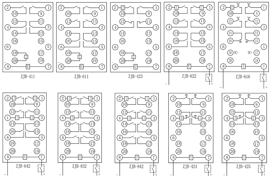 ZJB-411保持中间继电器内部接线图