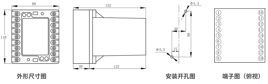 JZS-7/349B凸出式板前接线外形尺寸和安装尺寸图