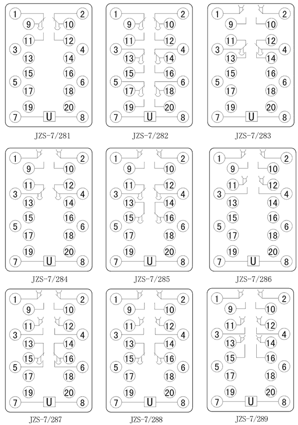 JZS-7/285断电延时中间继电器内部接线图